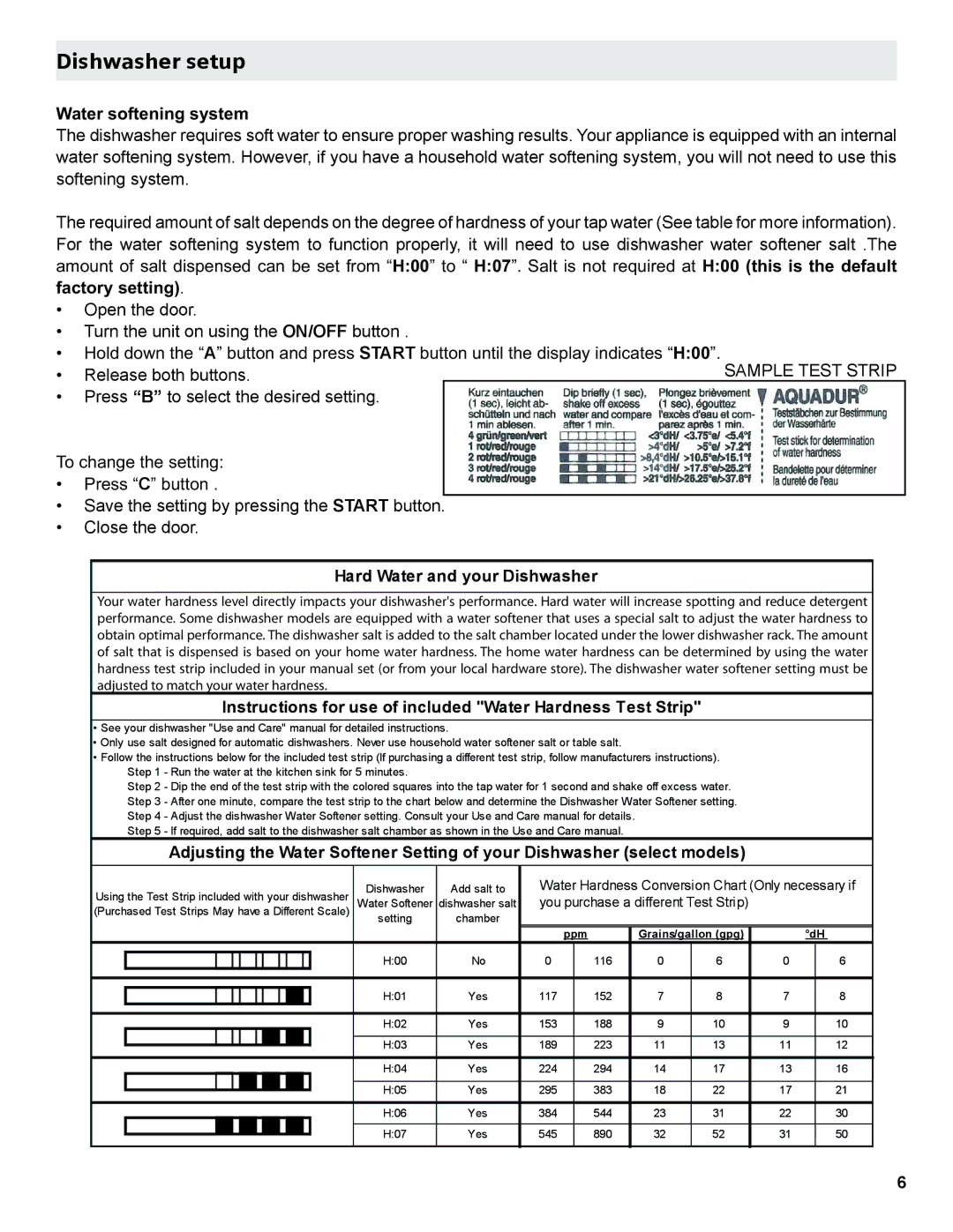 Gaggenau DF 241 manual Dishwasher setup, DwhuVriwhqlqjV\Vwhp, Idfwru\Vhwwlqj, Sample Test Strip 