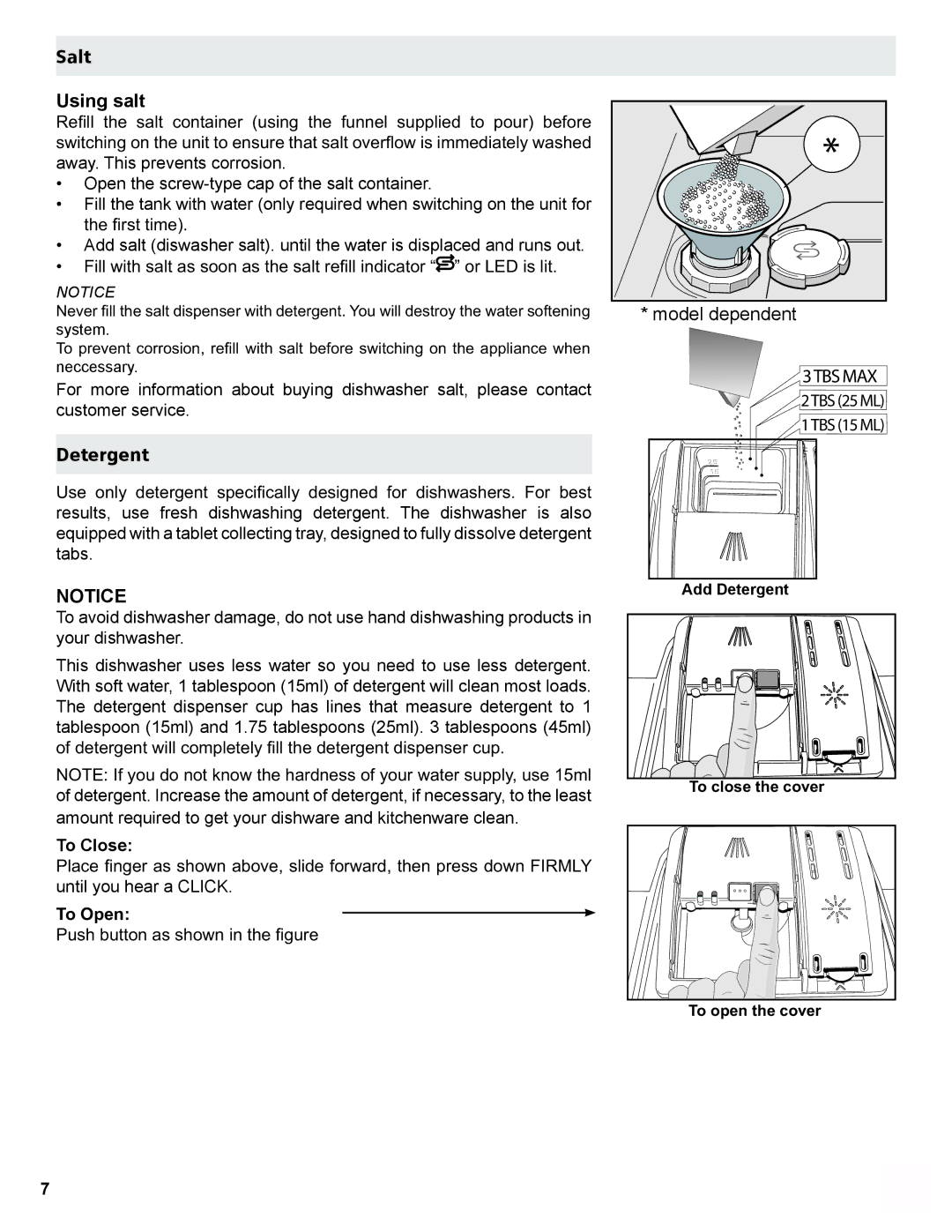 Gaggenau DF 241 manual Salt Using salt, Detergent, To Close, 7R2SHQ 