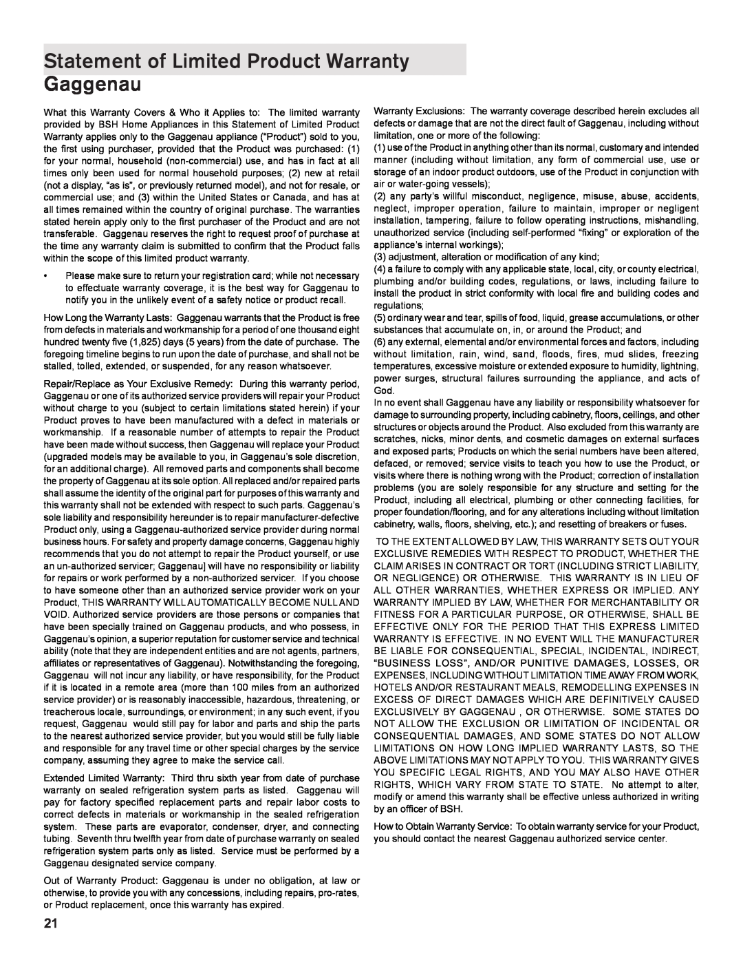 Gaggenau DF 241 manual Statement of Limited Product Warranty Gaggenau 