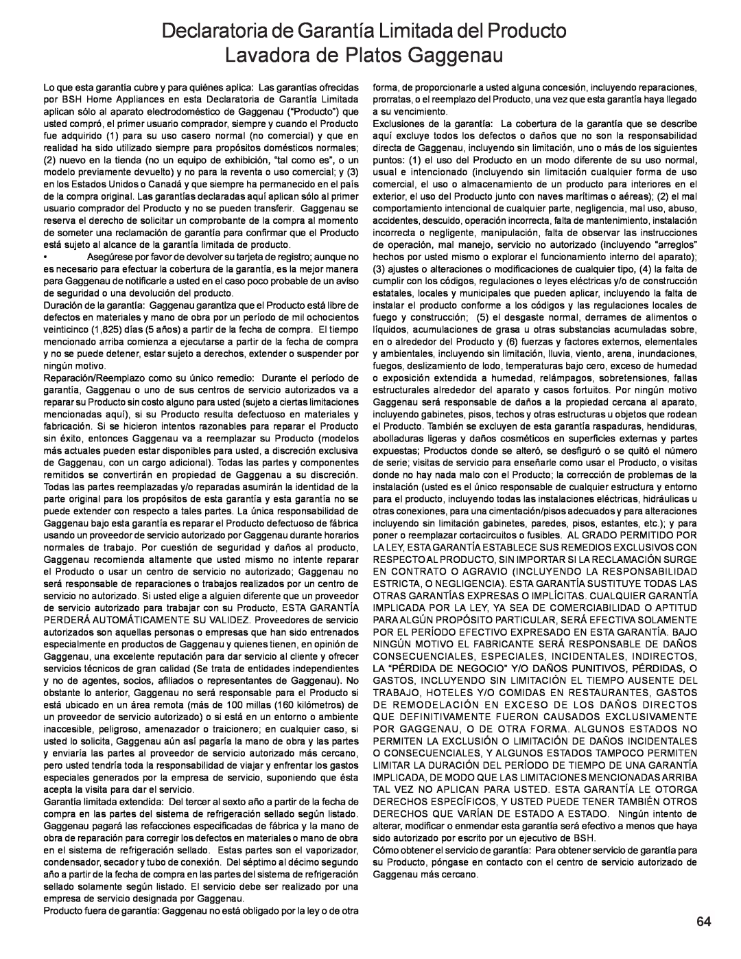 Gaggenau DF 241 manual Declaratoria de Garantía Limitada del Producto, Lavadora de Platos Gaggenau 