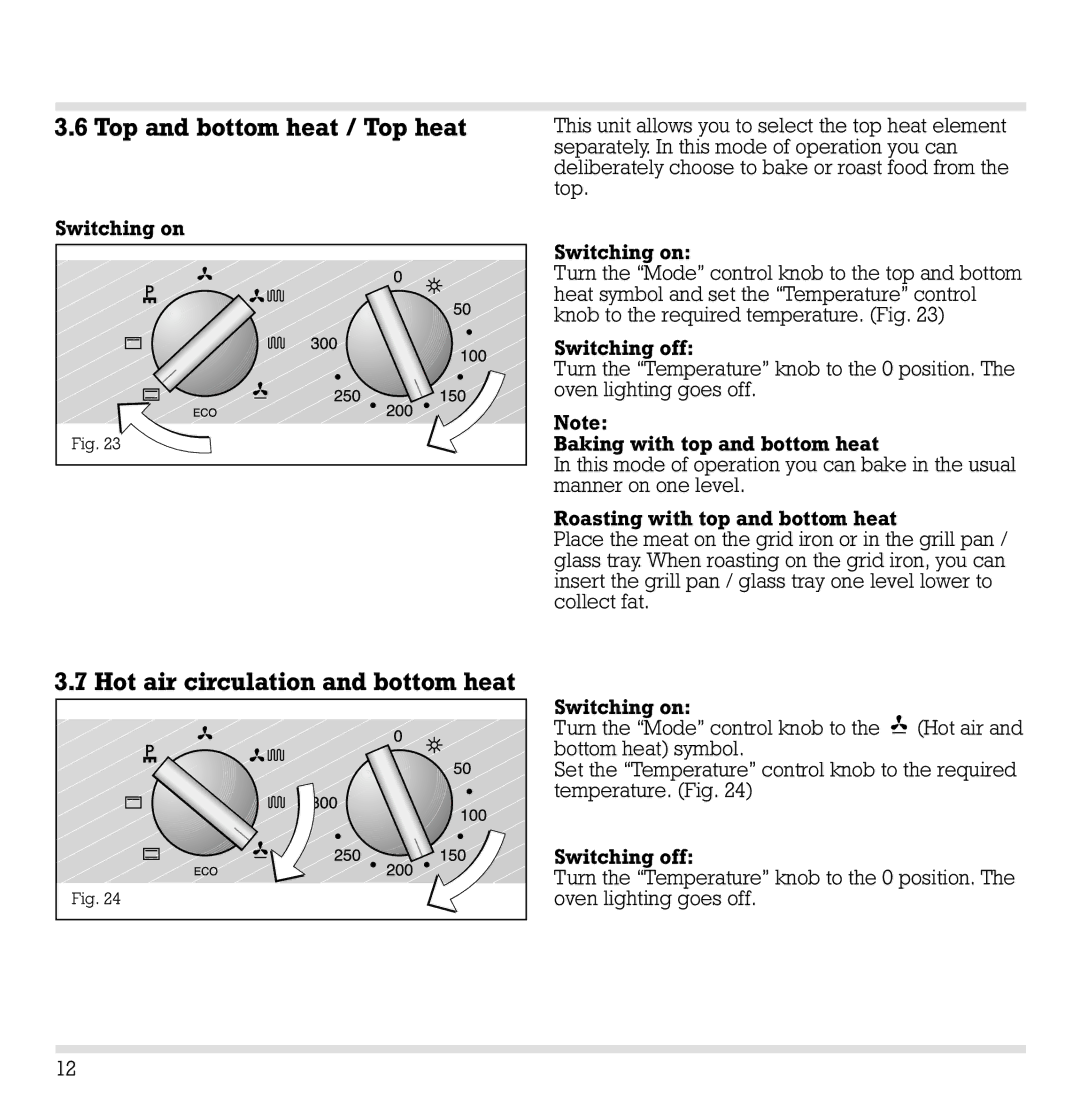 Gaggenau EB 204/205 manual Top and bottom heat / Top heat, Hot air circulation and bottom heat 