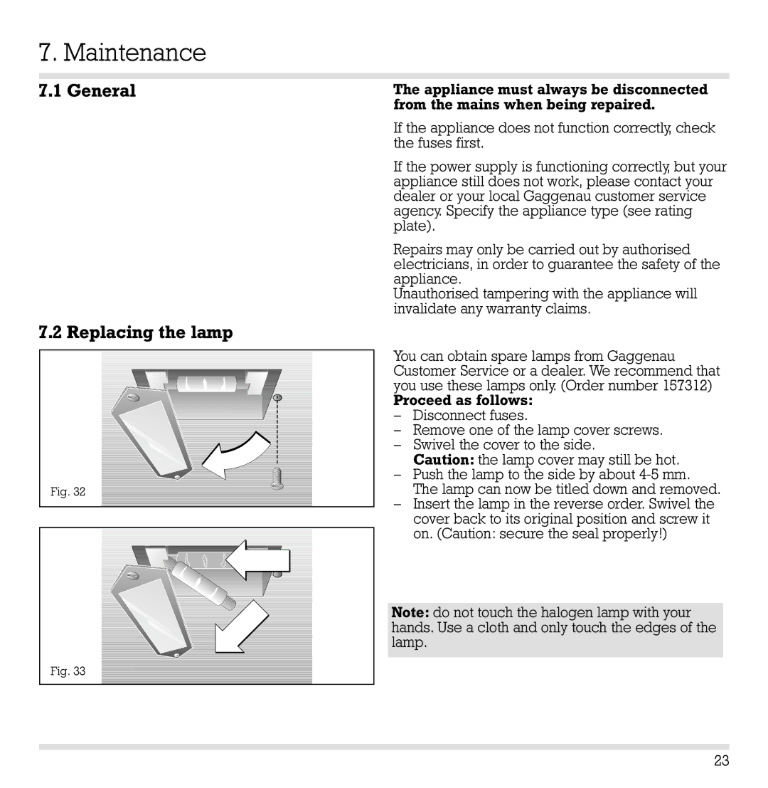 Gaggenau EB 204/205 manual Maintenance, General Replacing the lamp 