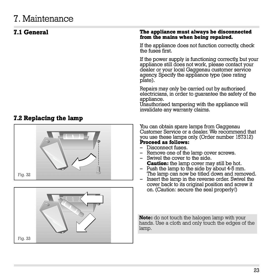 Gaggenau EB 204/205 manual Maintenance, General 7.2 Replacing the lamp 