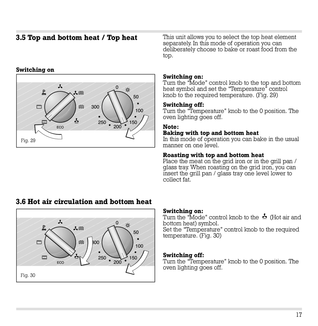 Gaggenau EB 210/211 installation instructions Top and bottom heat / Top heat, Hot air circulation and bottom heat 