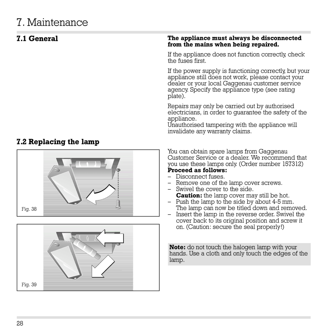 Gaggenau EB 210/211 installation instructions Maintenance, General Replacing the lamp 