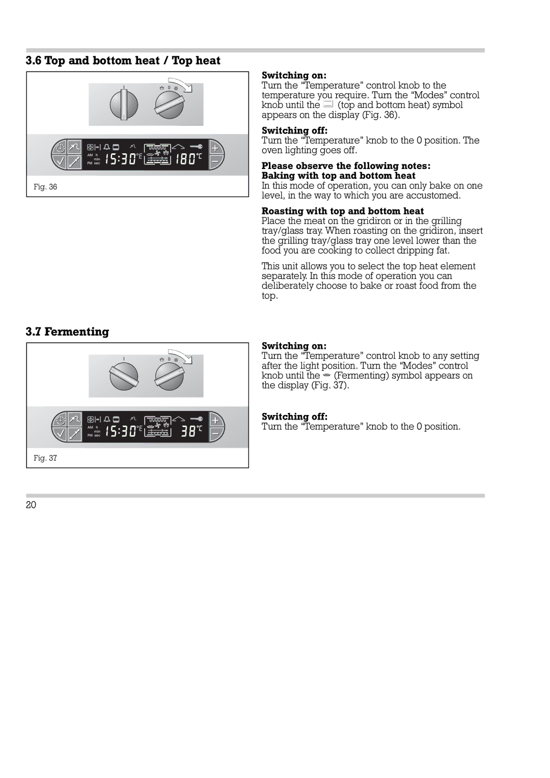 Gaggenau EB 270/271, EB 290/291 installation instructions Top and bottom heat / Top heat, Fermenting 