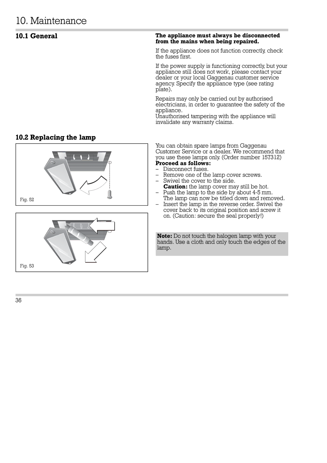 Gaggenau EB 270/271, EB 290/291 installation instructions Maintenance, General Replacing the lamp 