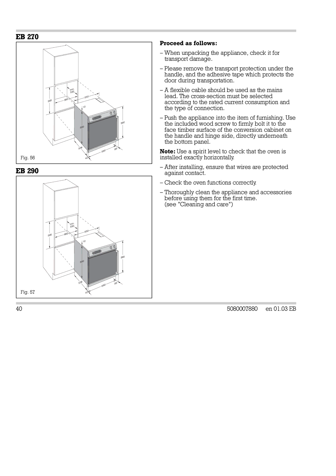 Gaggenau EB 270/271, EB 290/291 installation instructions Min 550 560 585 590 580 536 660 650 690 