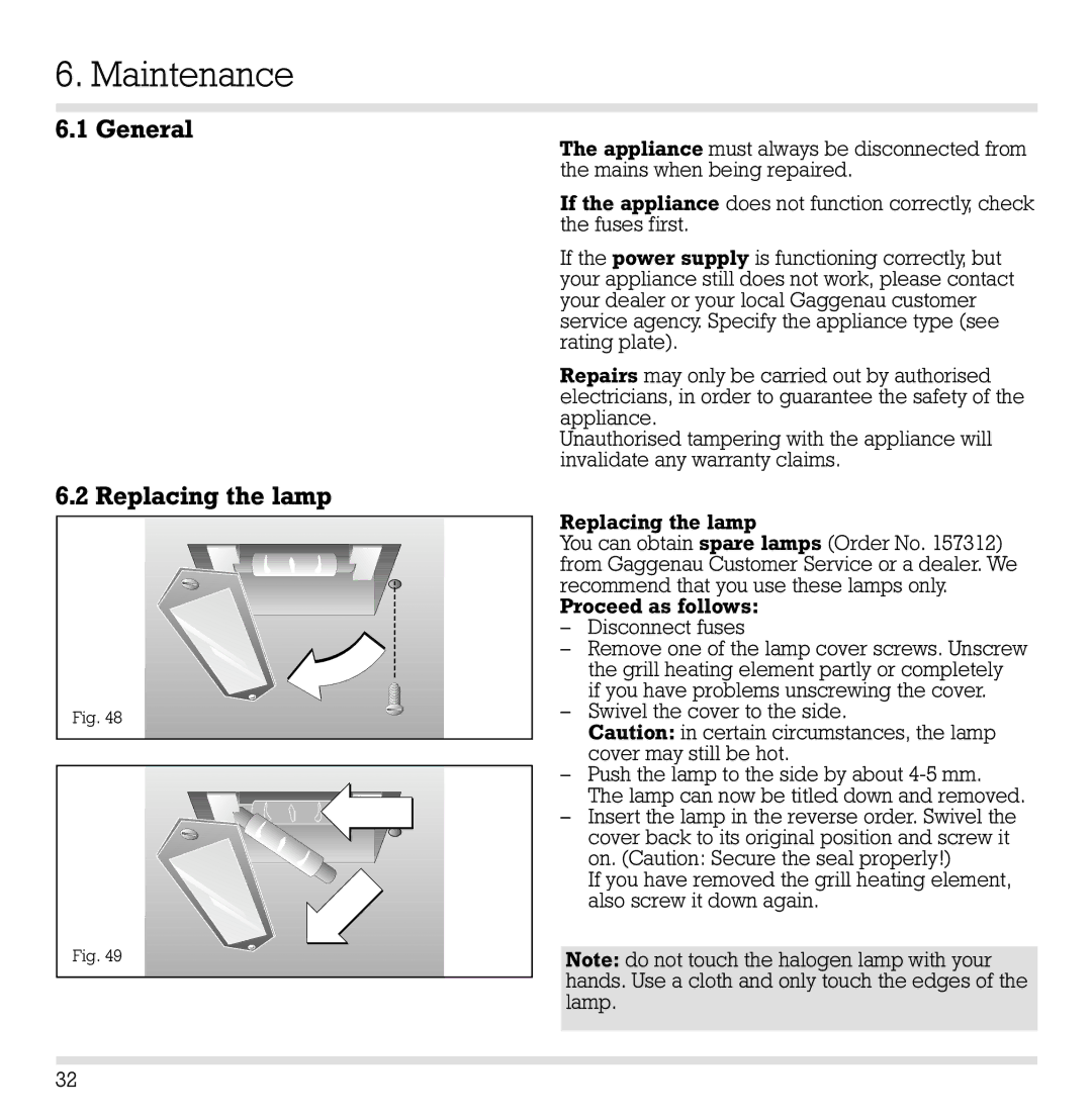 Gaggenau EB 291, EB 290, EB 271, EB 270 manual Maintenance, General Replacing the lamp 