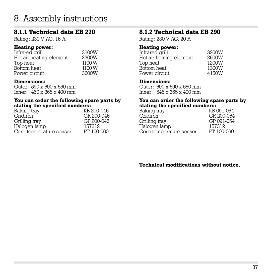 Gaggenau EB 290, EB 291, EB 271, EB 270 manual Assembly instructions, Technical data EB 