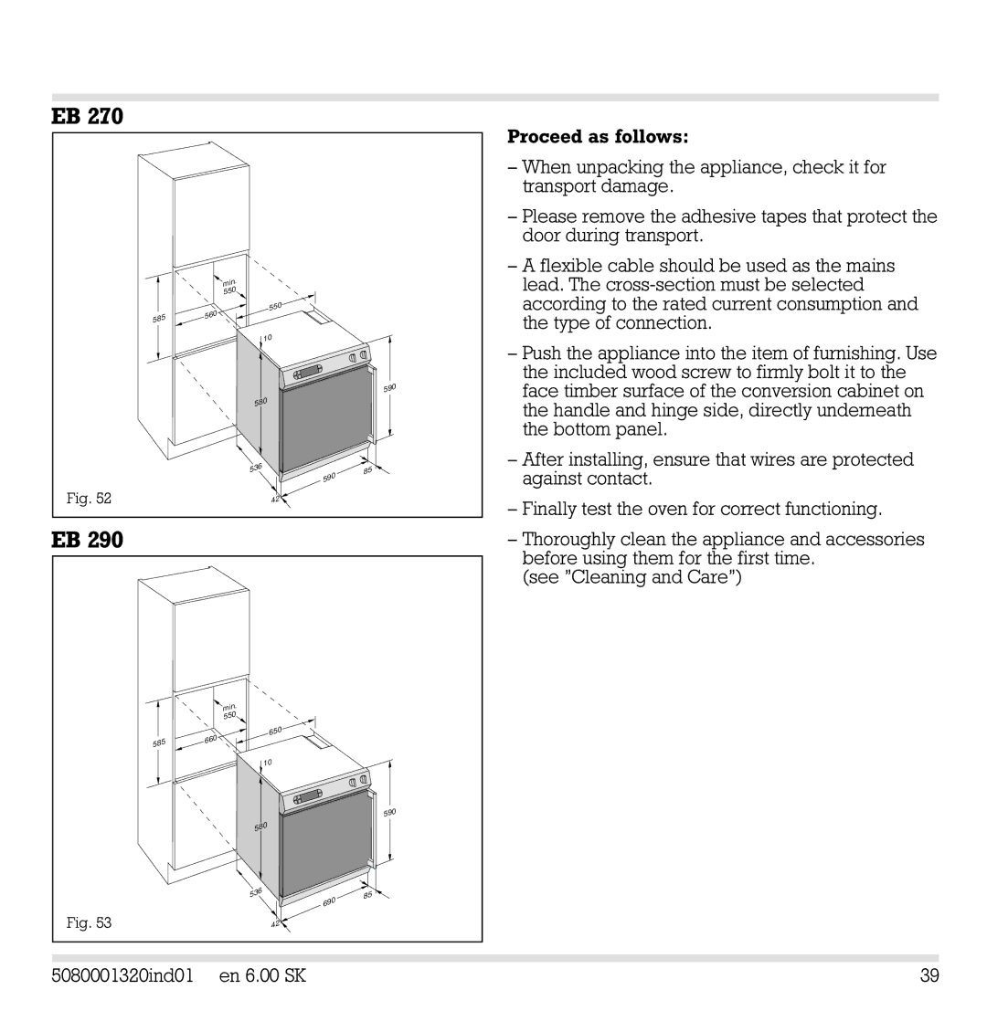 Gaggenau EB 270, EB 291, EB 290, EB 271 manual Min 550 560 585 590 580 536 660 650 690 