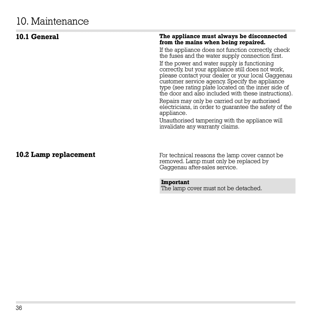 Gaggenau ED 220, ED221 manual Maintenance, General Lamp replacement 