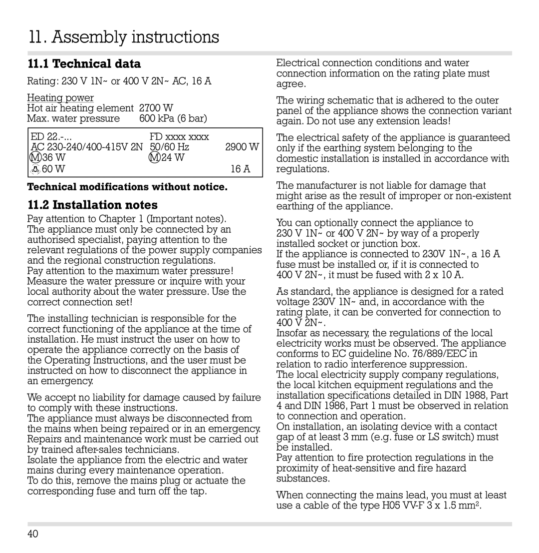 Gaggenau ED 220, ED221 manual Assembly instructions, Technical data, Installation notes 