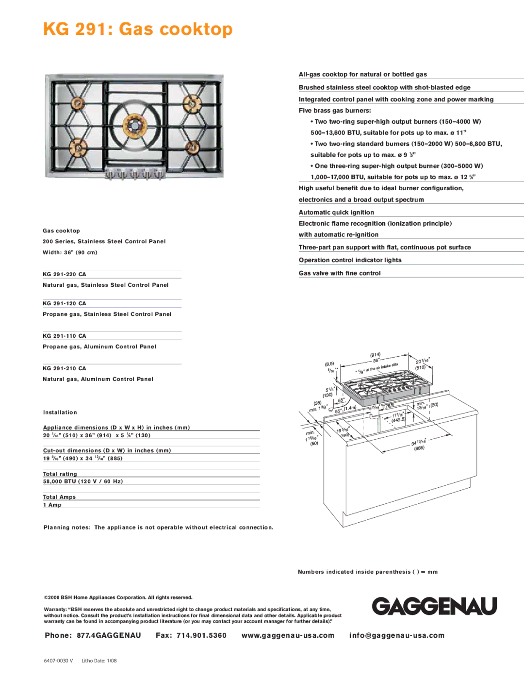 Gaggenau KG 291-110 CA warranty KG 291 Gas cooktop, Three-part pan support with flat, continuous pot surface 