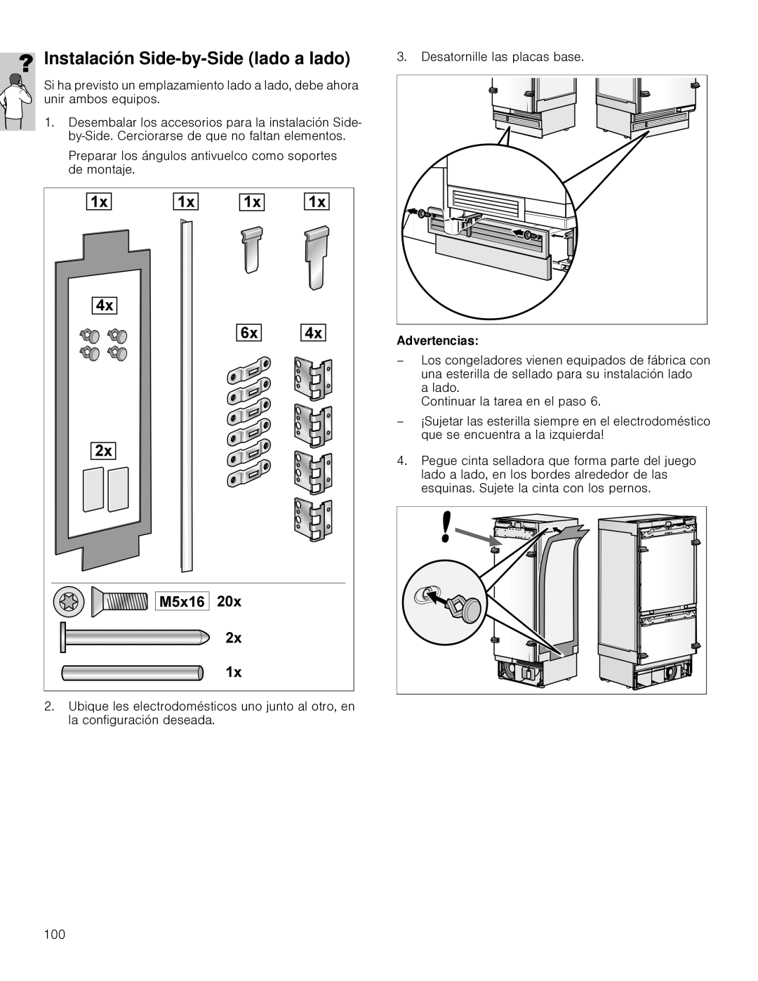 Gaggenau RB 472, RB 492 installation instructions Instalación Side-by-Side lado a lado, Advertencias 