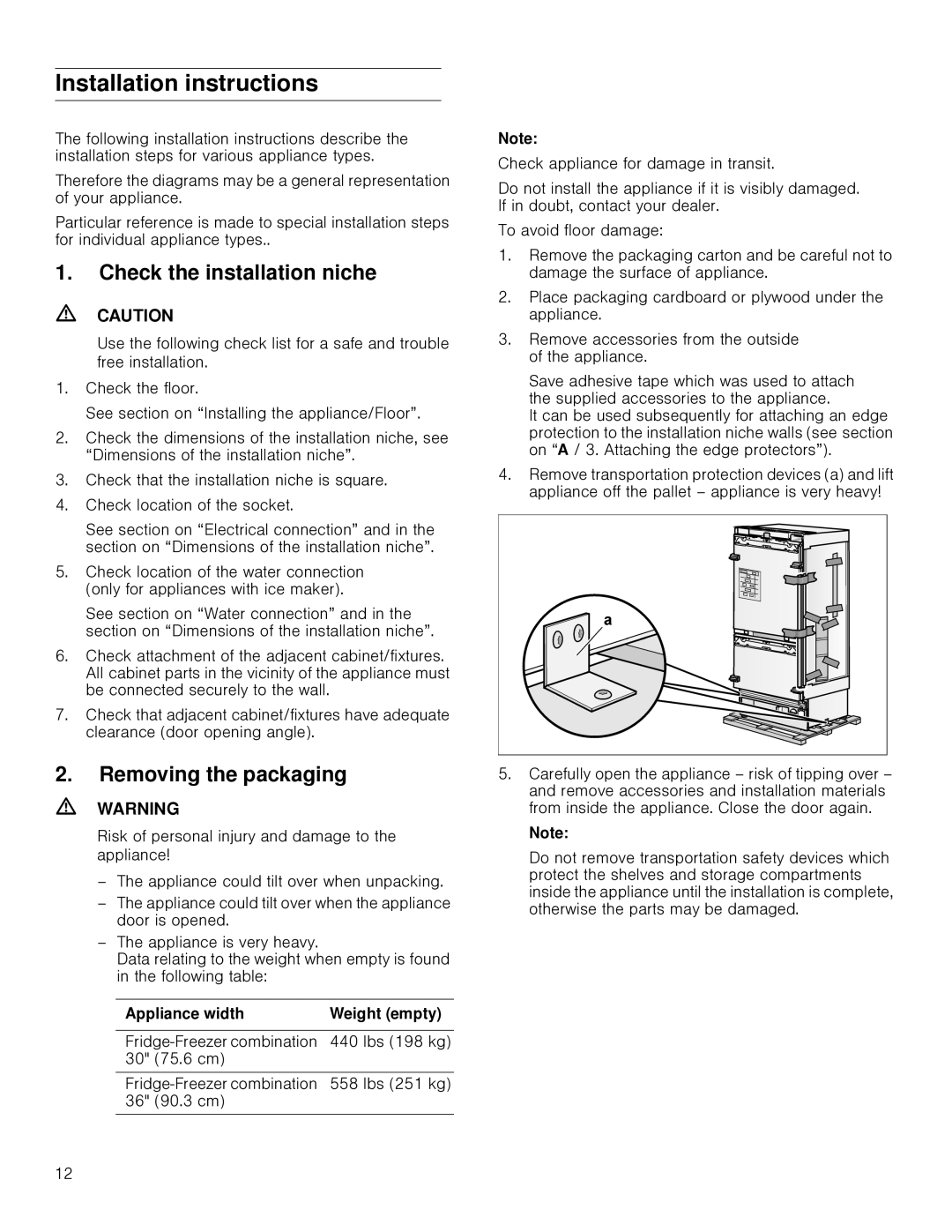 Gaggenau RB 472, RB 492 Installation instructions, Check the installation niche, Removing the packaging 