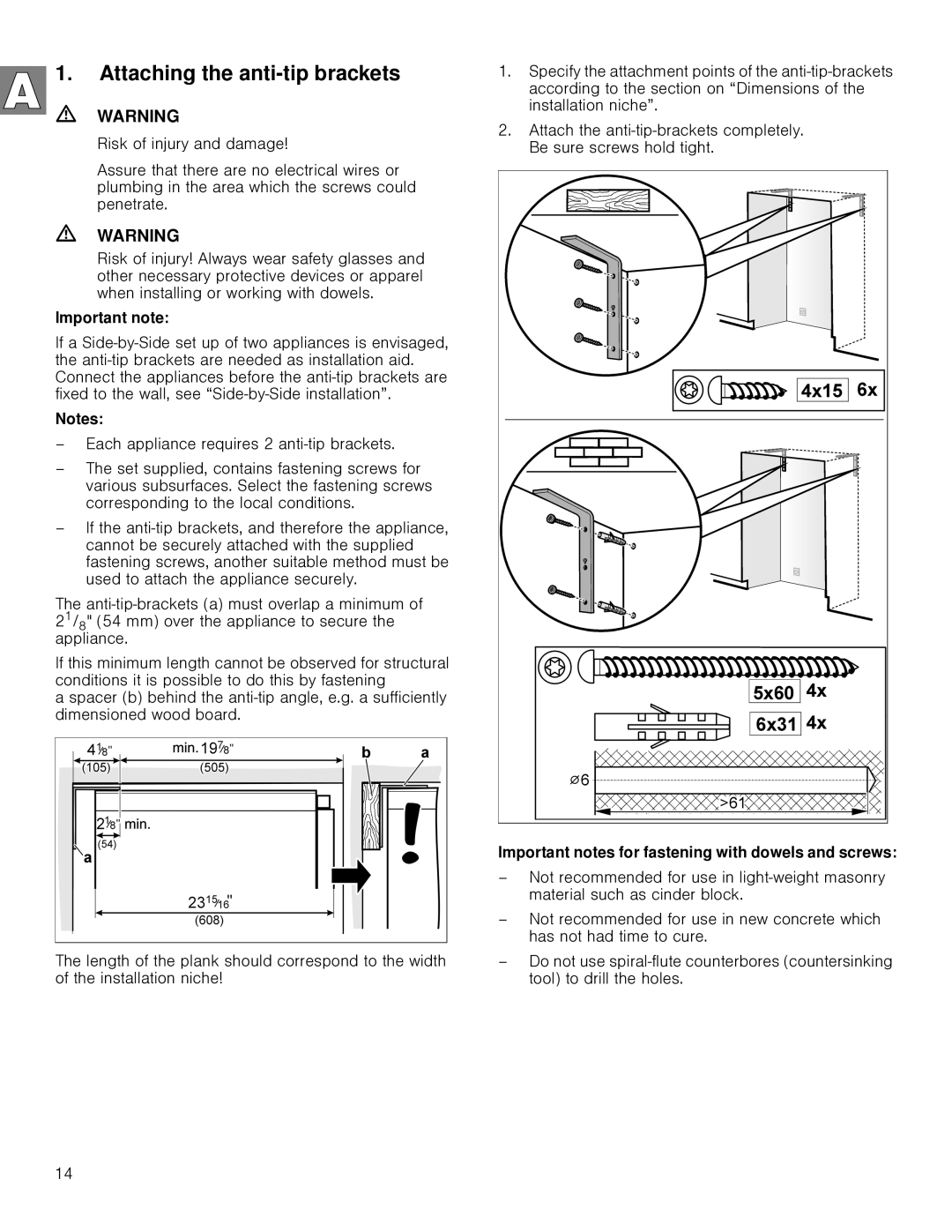 Gaggenau RB 472, RB 492 Attaching the anti-tip brackets, Important notes for fastening with dowels and screws 