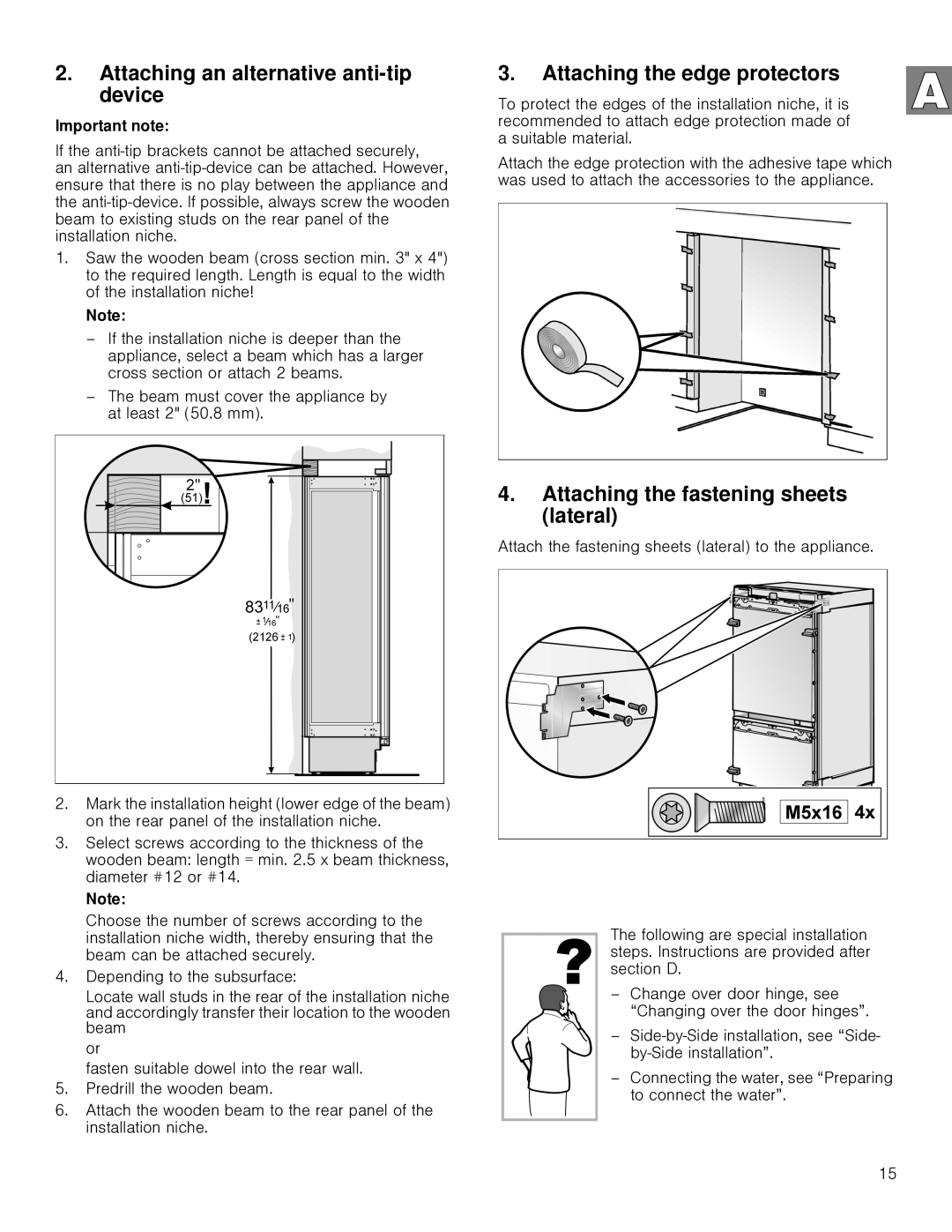 Gaggenau RB 492, RB 472 installation instructions Attaching an alternative anti-tip device, Attaching the edge protectors 