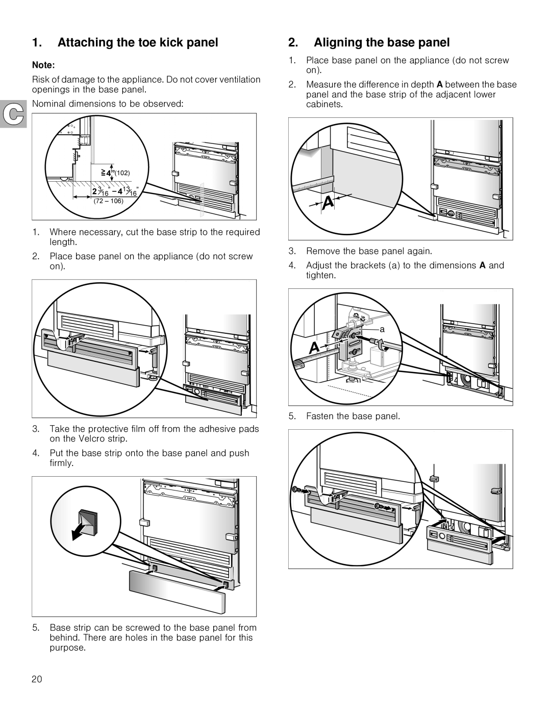 Gaggenau RB 472, RB 492 installation instructions Attaching the toe kick panel, Aligning the base panel 