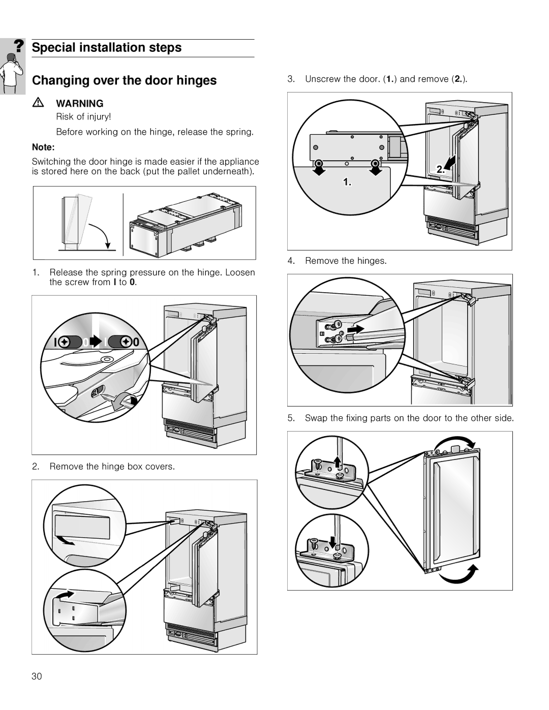 Gaggenau RB 472, RB 492 installation instructions Special installation steps Changing over the door hinges 