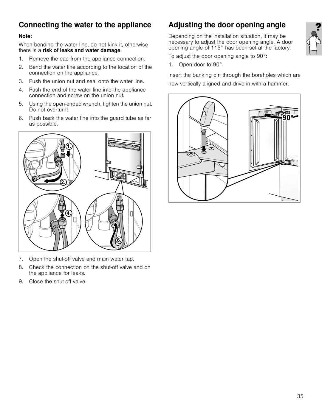 Gaggenau RB 492, RB 472 installation instructions Connecting the water to the appliance, Adjusting the door opening angle 