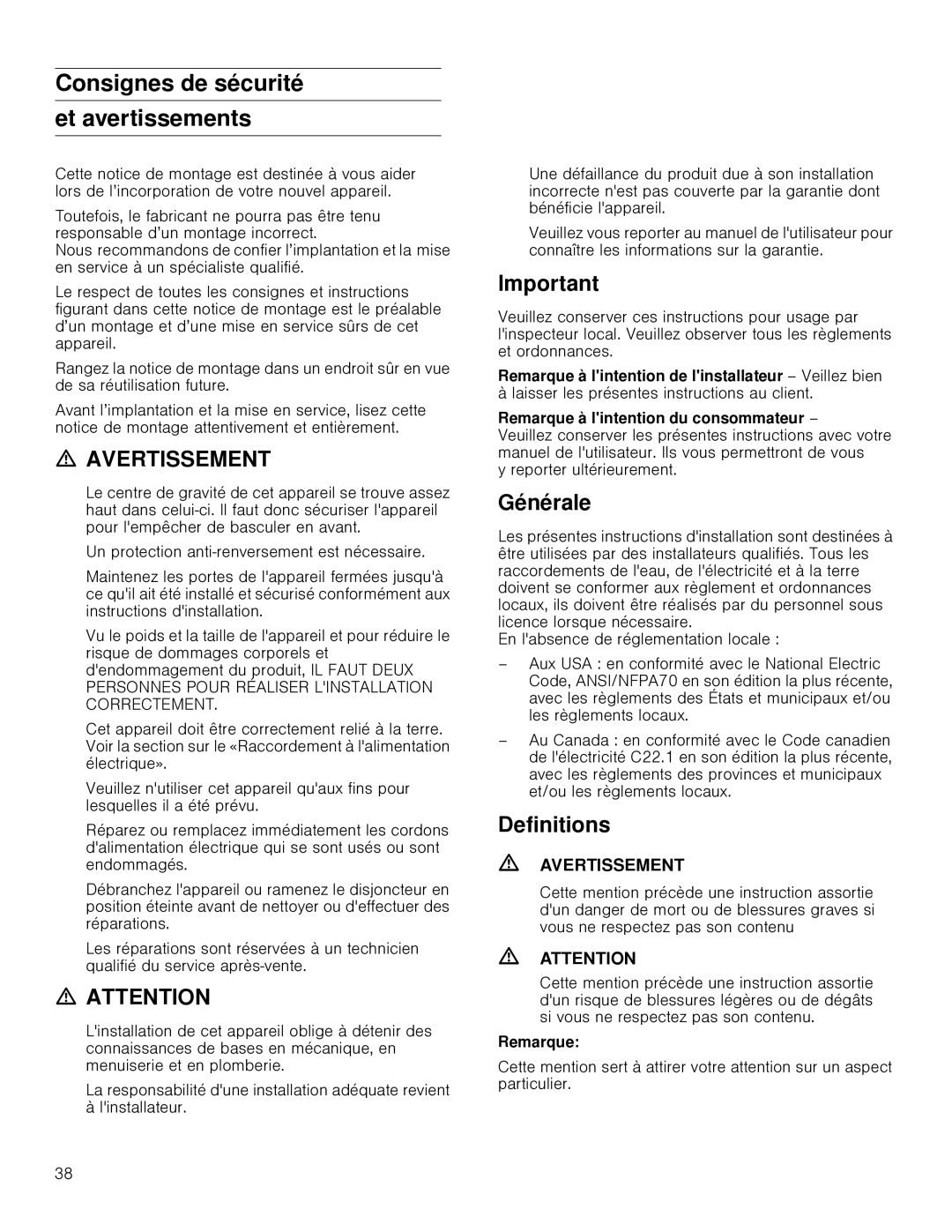 Gaggenau RB 472, RB 492 installation instructions Consignes de sécurité Et avertissements, Avertissement, Générale, Remarque 