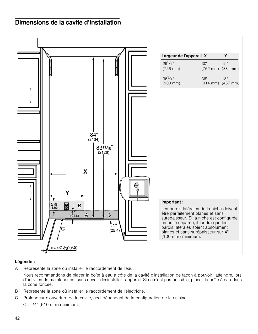 Gaggenau RB 472, RB 492 installation instructions Dimensions de la cavité d’installation, Largeur de l’appareil, Légende 