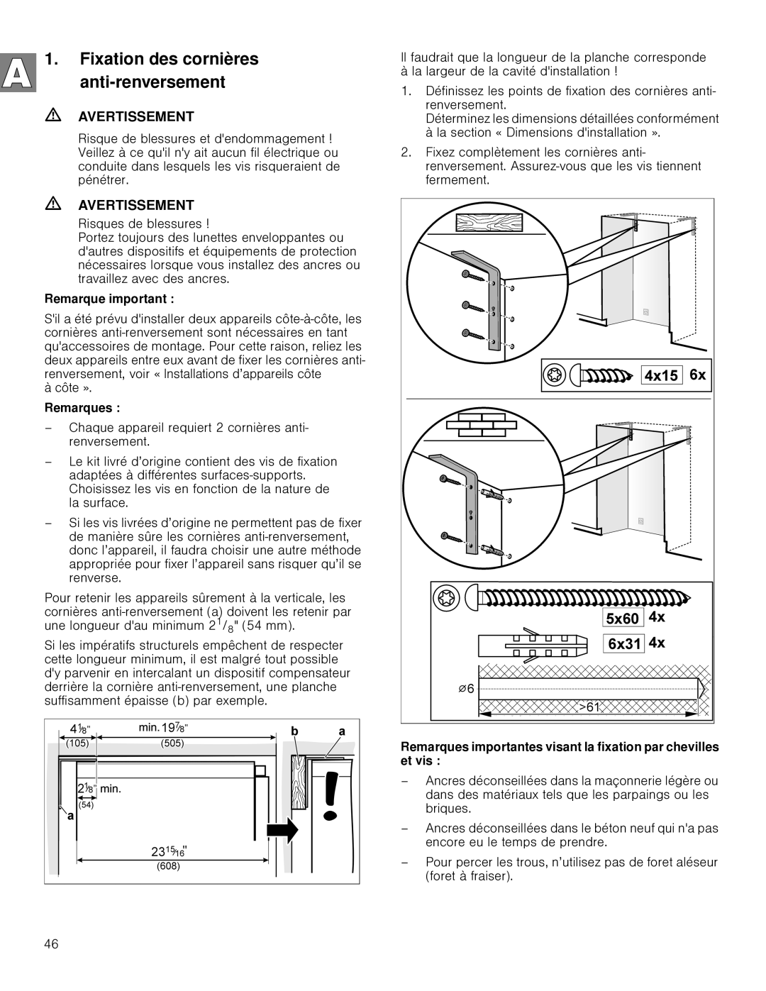 Gaggenau RB 472, RB 492 installation instructions Fixation des cornières anti-renversement, Remarque important, Remarques 