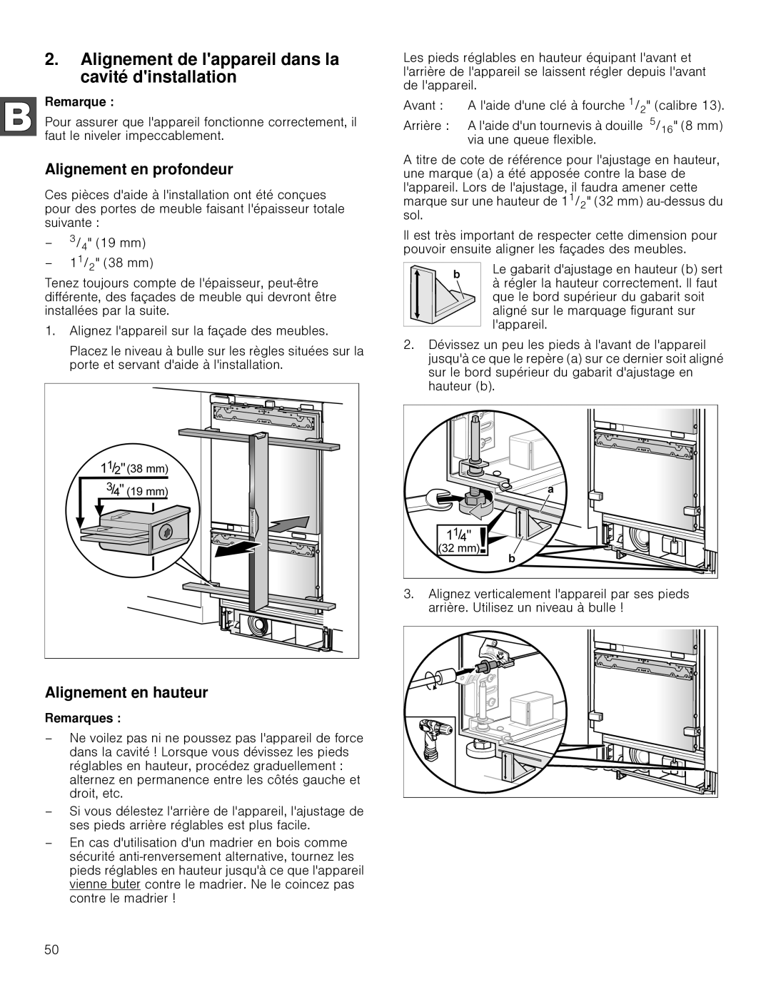 Gaggenau RB 472, RB 492 Alignement de lappareil dans la cavité dinstallation, Alignement en profondeur 