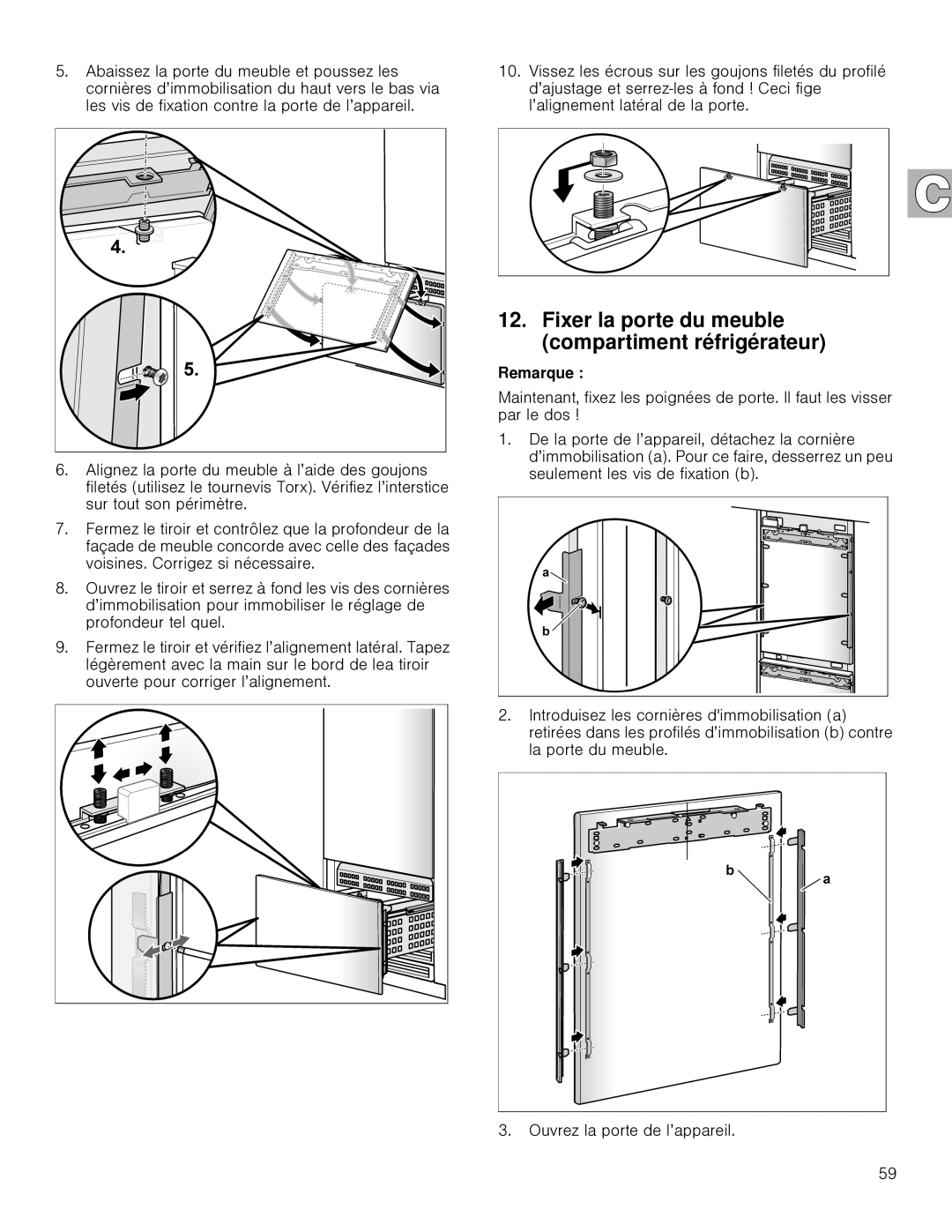 Gaggenau RB 492, RB 472 installation instructions Fixer la porte du meuble compartiment réfrigérateur 