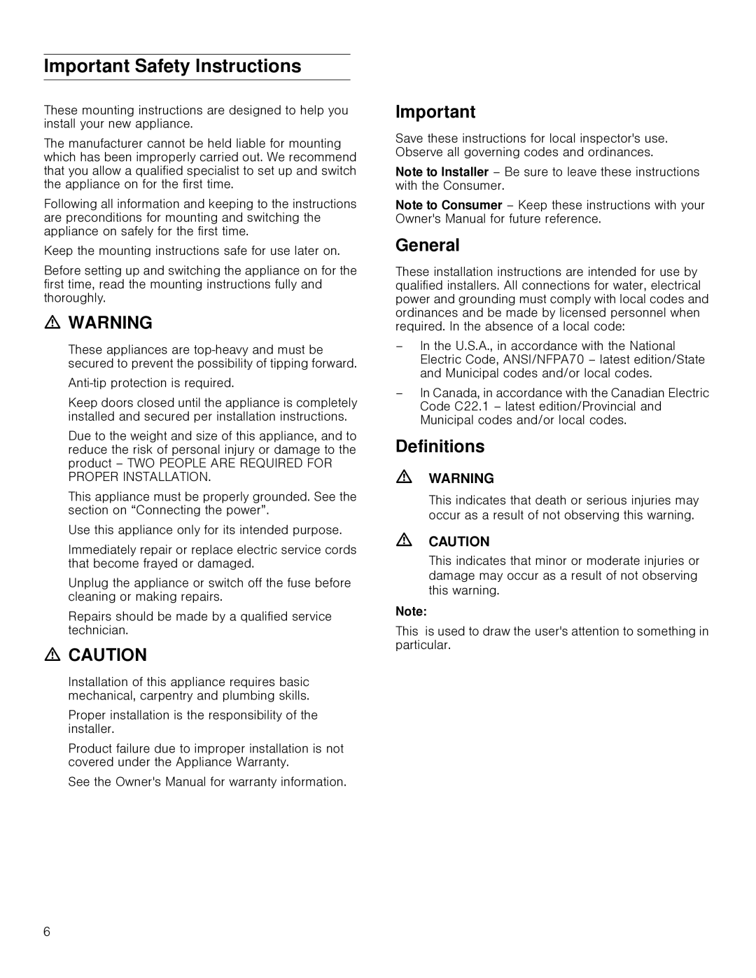 Gaggenau RB 472, RB 492 installation instructions Important Safety Instructions, General, Definitions 