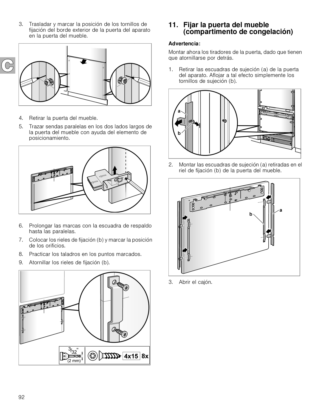 Gaggenau RB 472, RB 492 installation instructions Fijar la puerta del mueble compartimento de congelación 