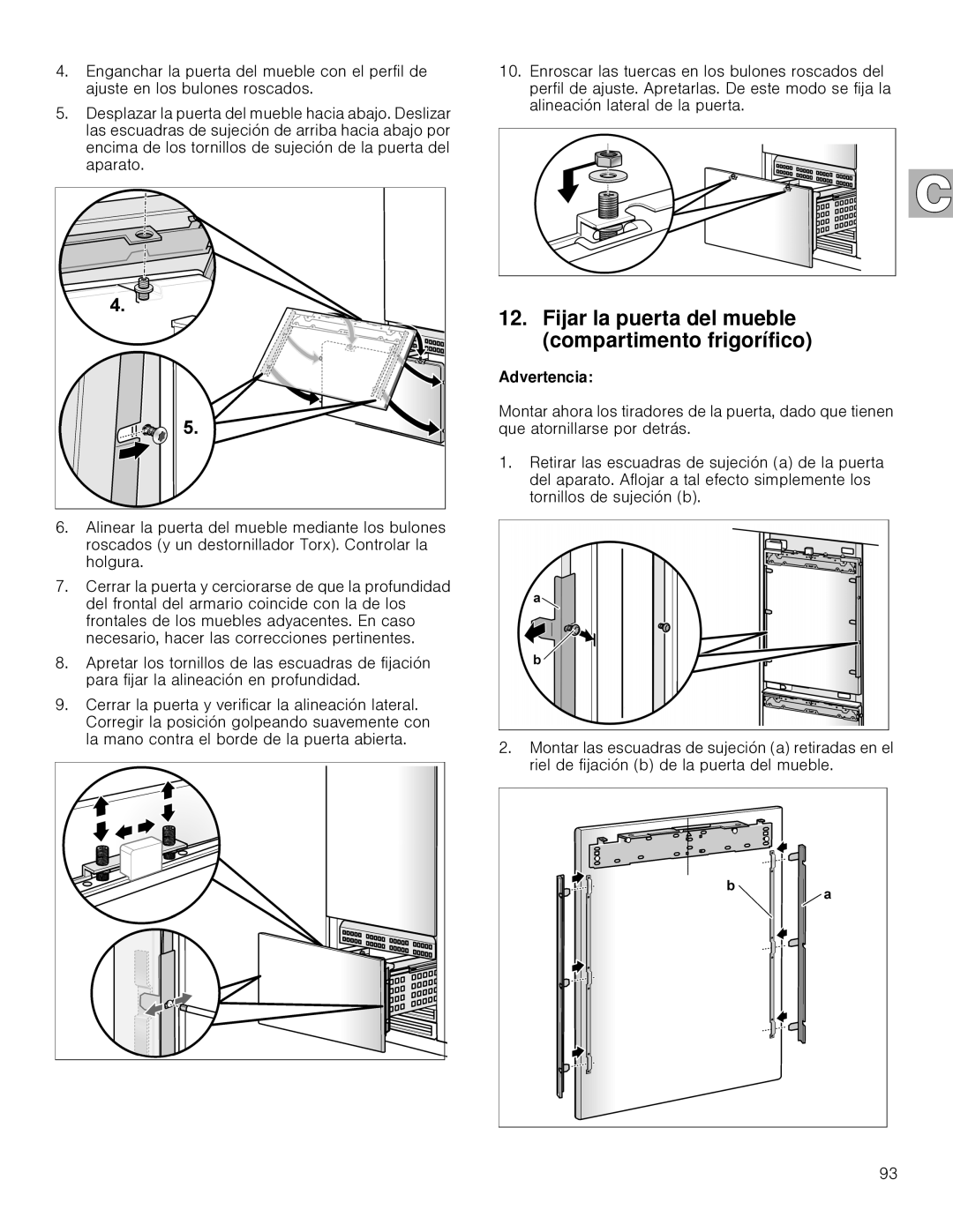 Gaggenau RB 492, RB 472 installation instructions Fijar la puerta del mueble compartimento frigorífico 