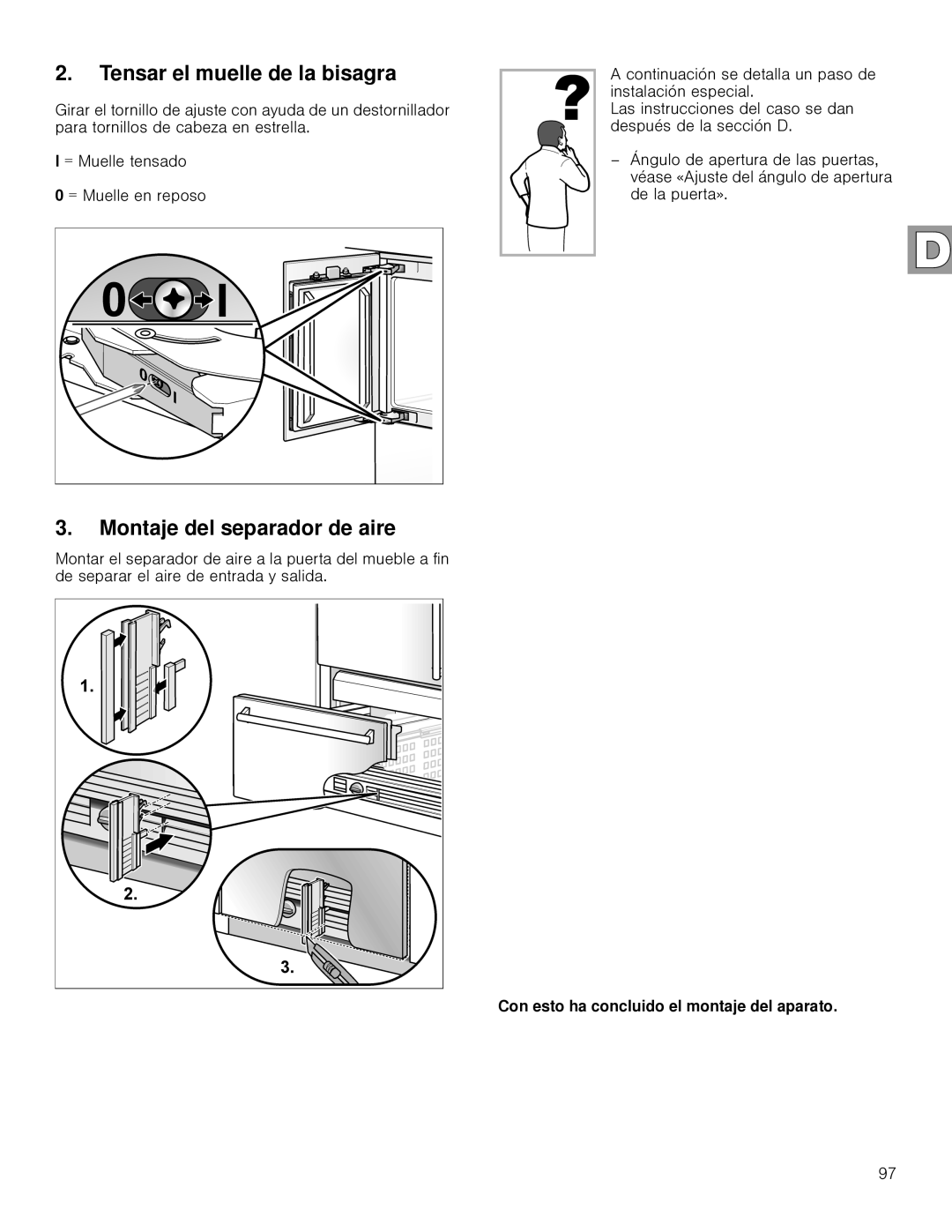 Gaggenau RB 492, RB 472 installation instructions Tensar el muelle de la bisagra, Montaje del separador de aire 