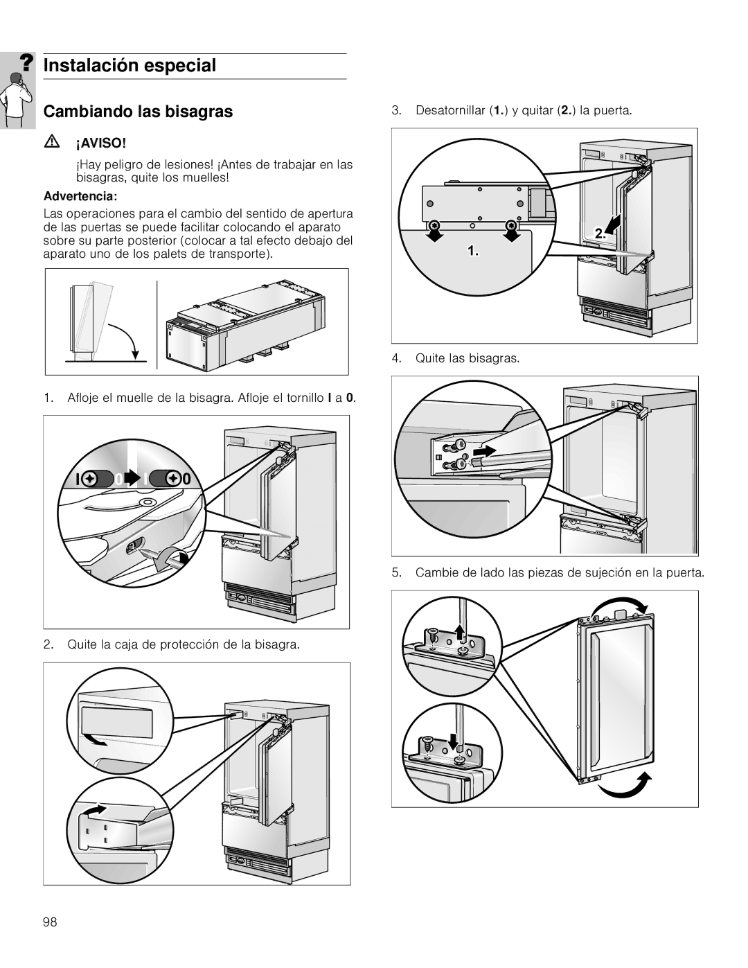 Gaggenau RB 472, RB 492 installation instructions Instalación especial, Cambiando las bisagras 