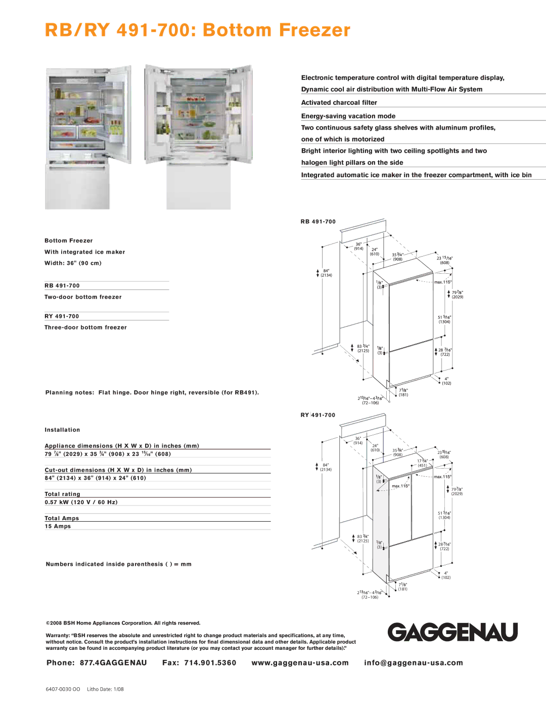 Gaggenau dimensions RB/RY 491-700 Bottom Freezer, Total Amps Numbers indicated inside parenthesis = mm 