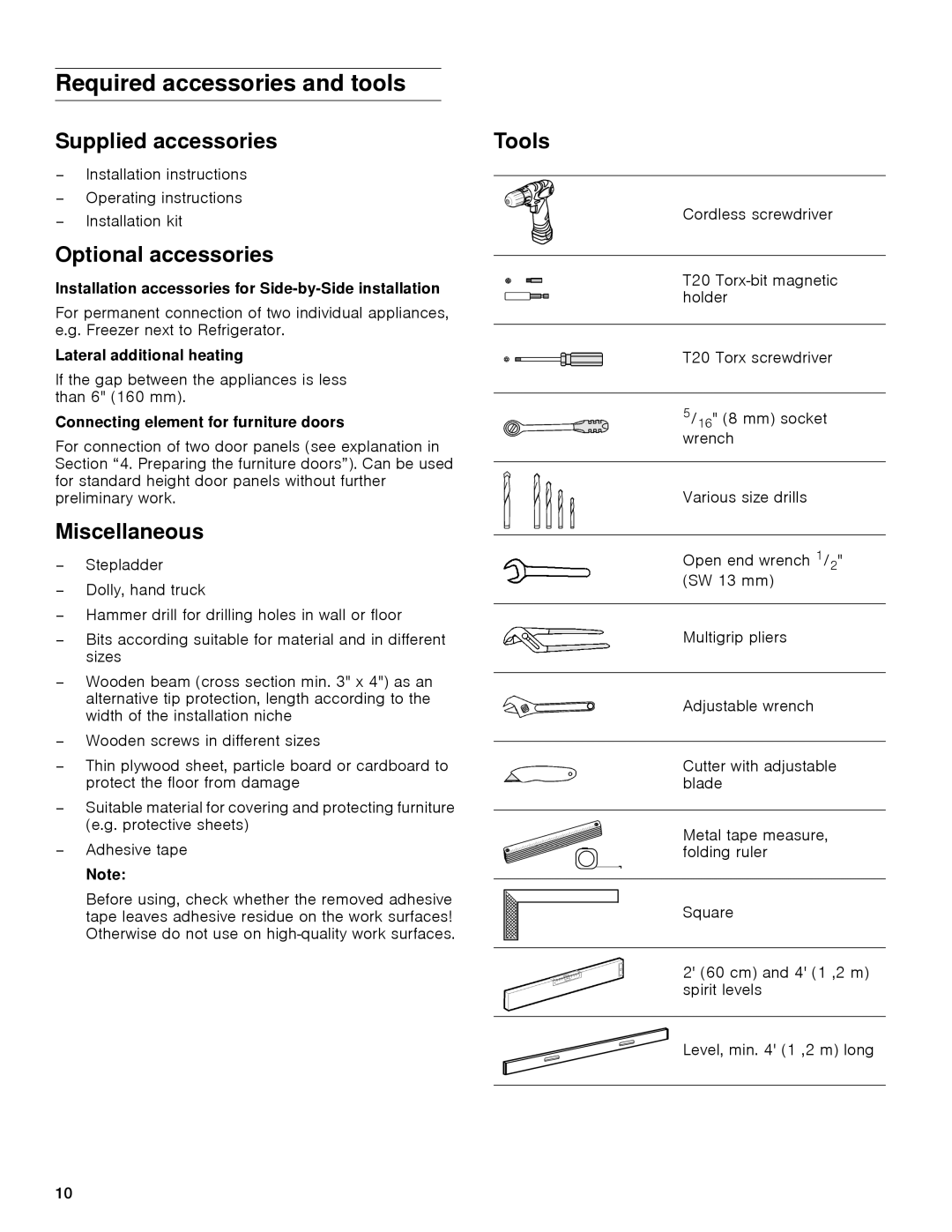 Gaggenau rc 462/413 rf 411/413 rf 461/463 rf 471 rw 414/464 Required accessories and tools, Supplied accessories, Tools 