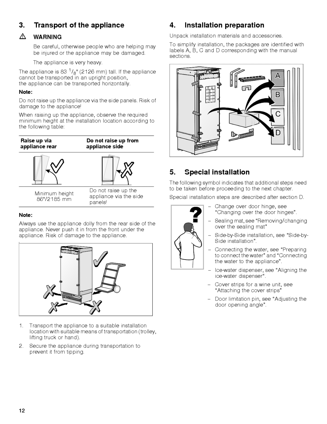 Gaggenau rc 462/413 rf 411/413 rf 461/463 rf 471 rw 414/464 manual Transport of the appliance, Installation preparation 