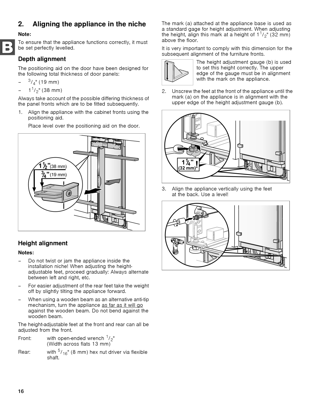 Gaggenau rc 462/413 rf 411/413 rf 461/463 rf 471 rw 414/464 manual Aligning the appliance in the niche, Depth alignment 