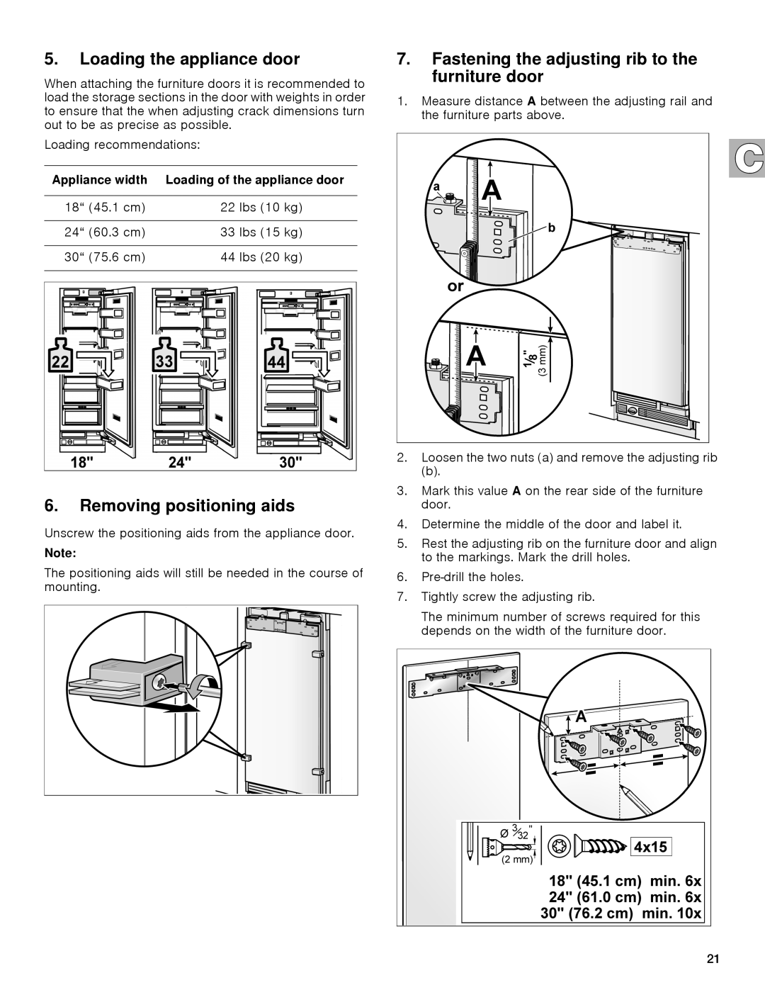 Gaggenau rc 462/413 rf 411/413 rf 461/463 rf 471 rw 414/464 manual Loading the appliance door, Removing positioning aids 