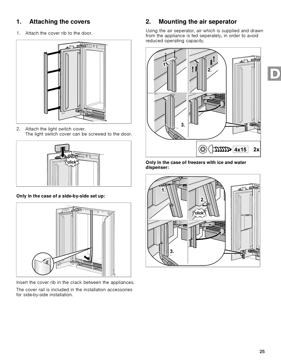 Gaggenau rc 462/413 rf 411/413 rf 461/463 rf 471 rw 414/464 manual Attaching the covers, Mounting the air seperator 