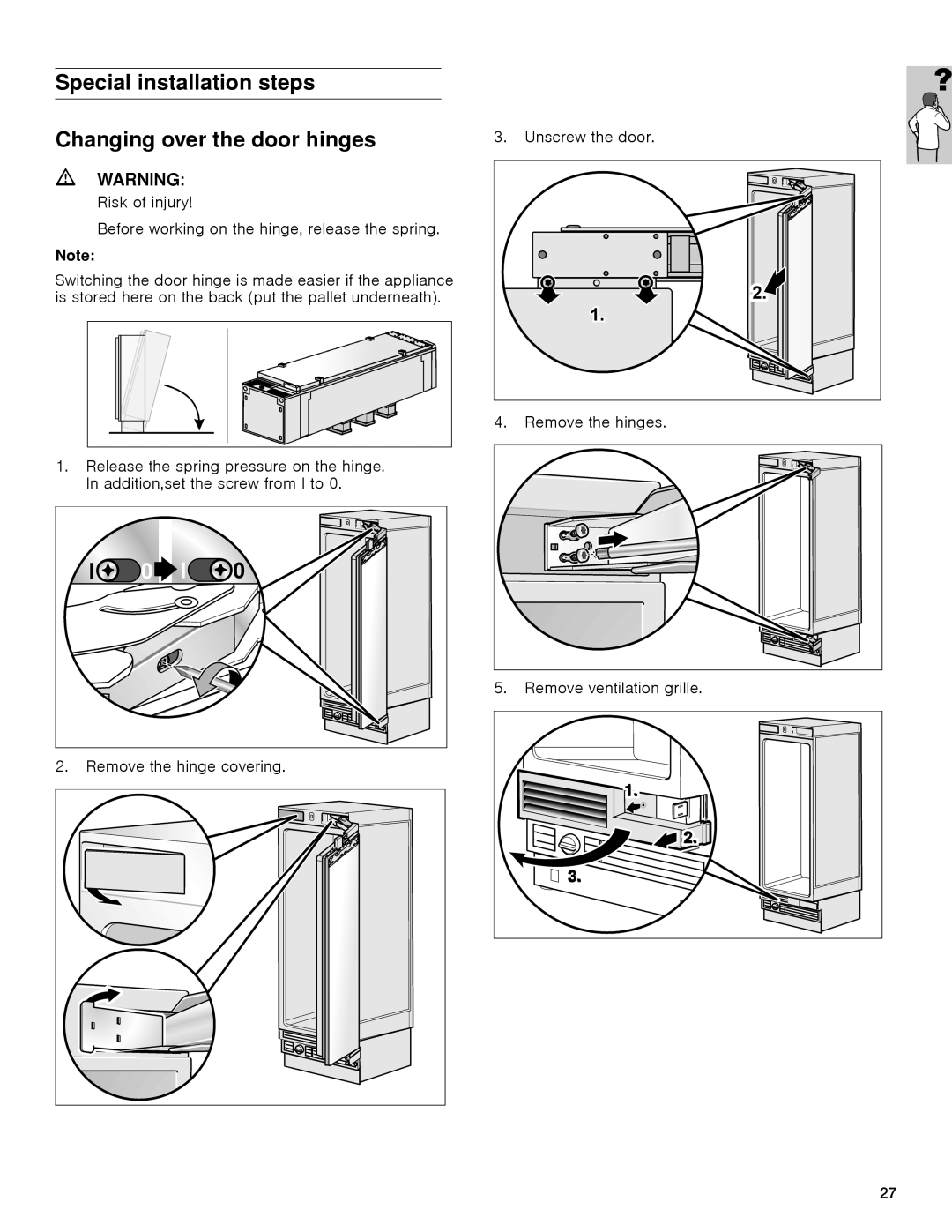 Gaggenau rc 462/413 rf 411/413 rf 461/463 rf 471 rw 414/464 manual Special installation steps Changing over the door hinges 