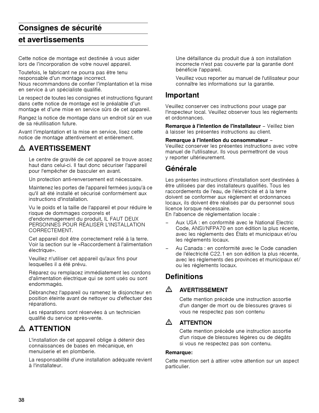 Gaggenau rc 462/413 rf 411/413 rf 461/463 rf 471 rw 414/464 manual Consignes de sécurité Et avertissements, Avertissement 