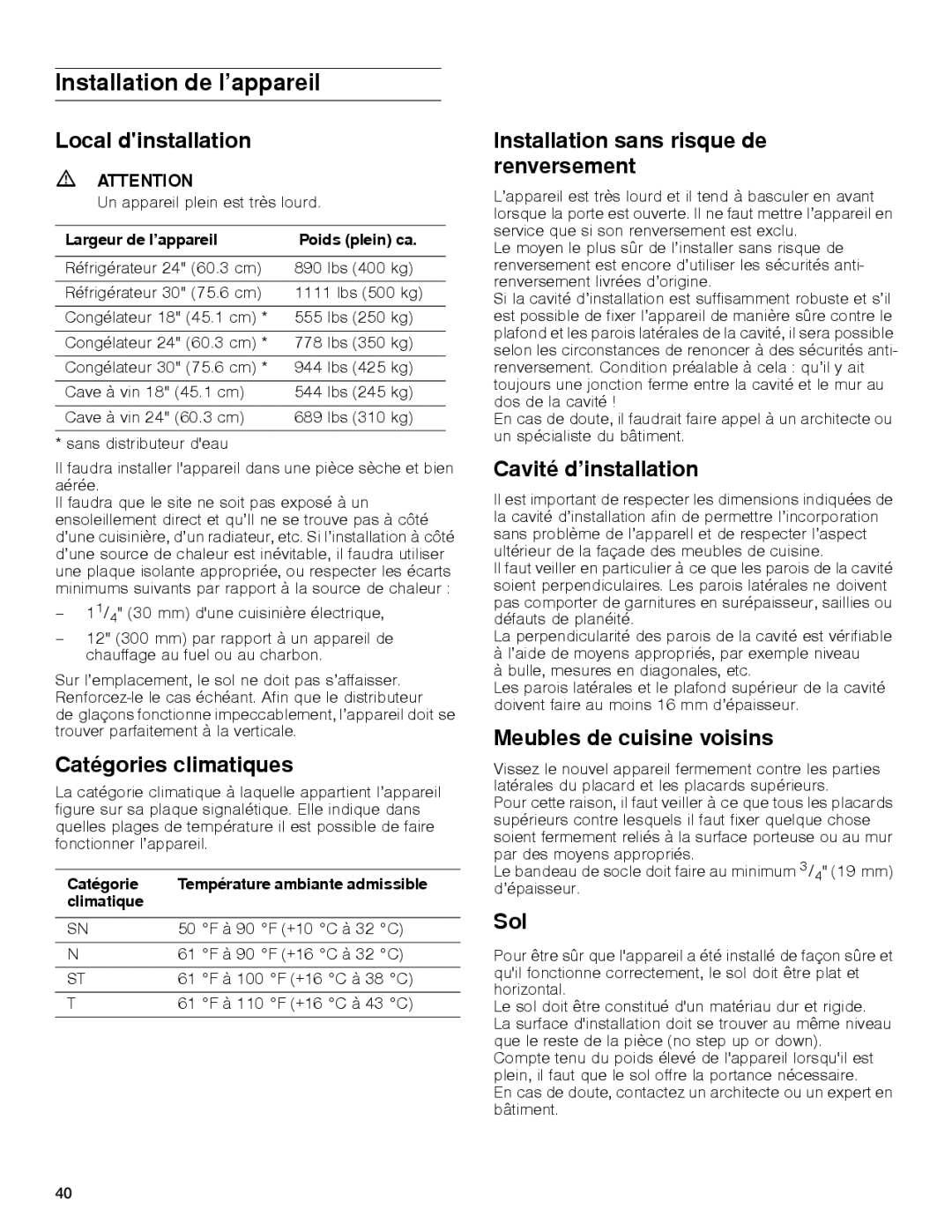 Gaggenau rc 462/413 rf 411/413 rf 461/463 rf 471 rw 414/464 manual Installation de l’appareil 