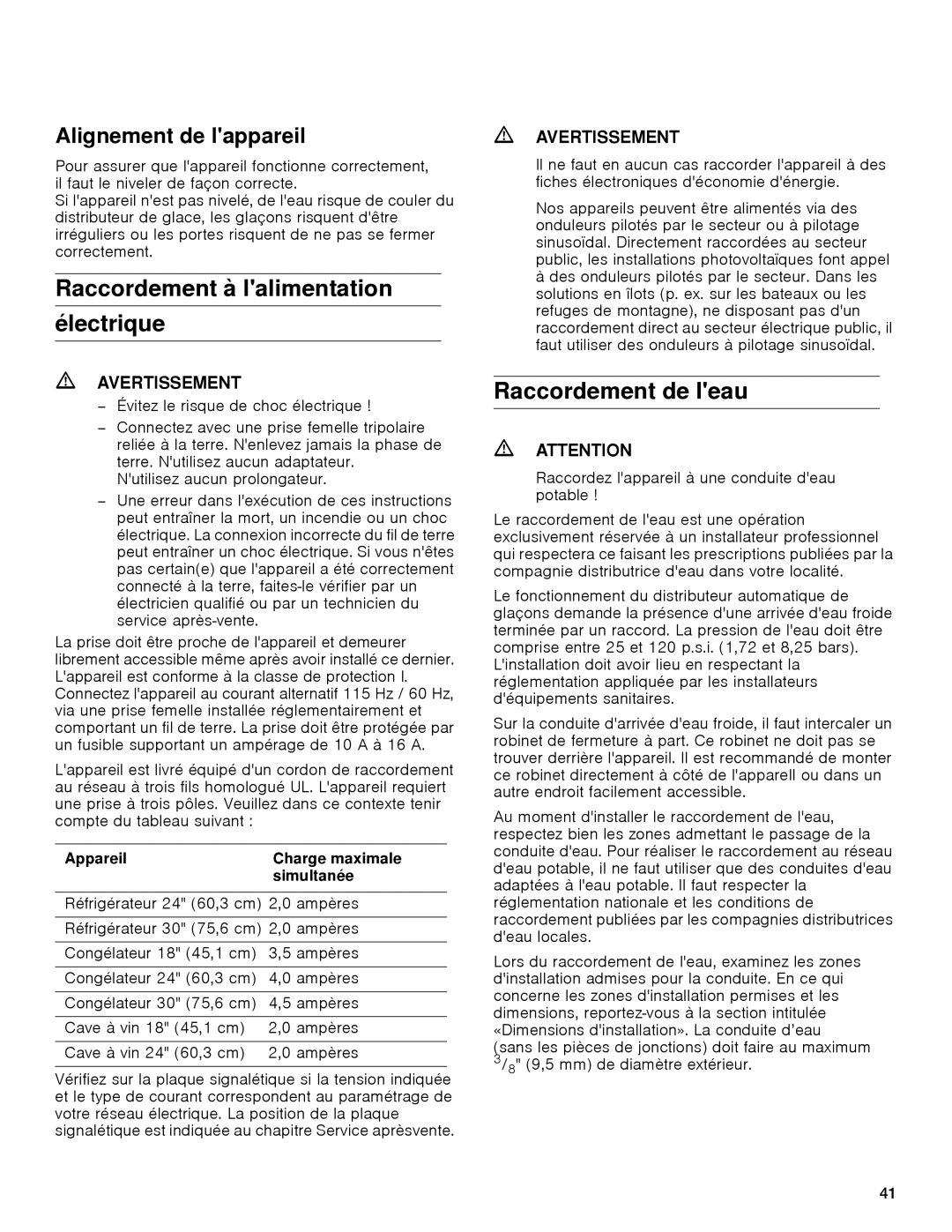 Gaggenau rc 462/413 rf 411/413 rf 461/463 rf 471 rw 414/464 Raccordement à lalimentation Électrique, Raccordement de leau 