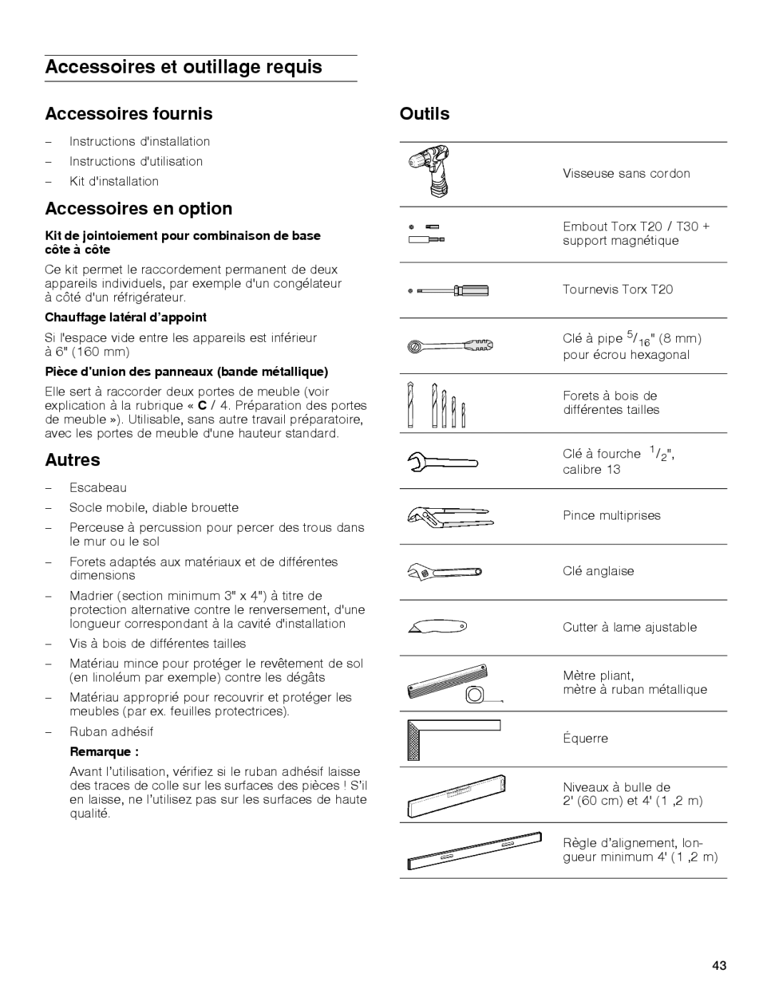 Gaggenau rc 462/413 rf 411/413 rf 461/463 rf 471 rw 414/464 Accessoires et outillage requis, Accessoires fournis, Autres 