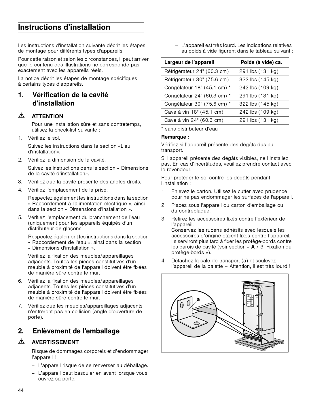 Gaggenau rc 462/413 rf 411/413 rf 461/463 rf 471 rw 414/464 manual Instructions dinstallation, Enlèvement de lemballage 