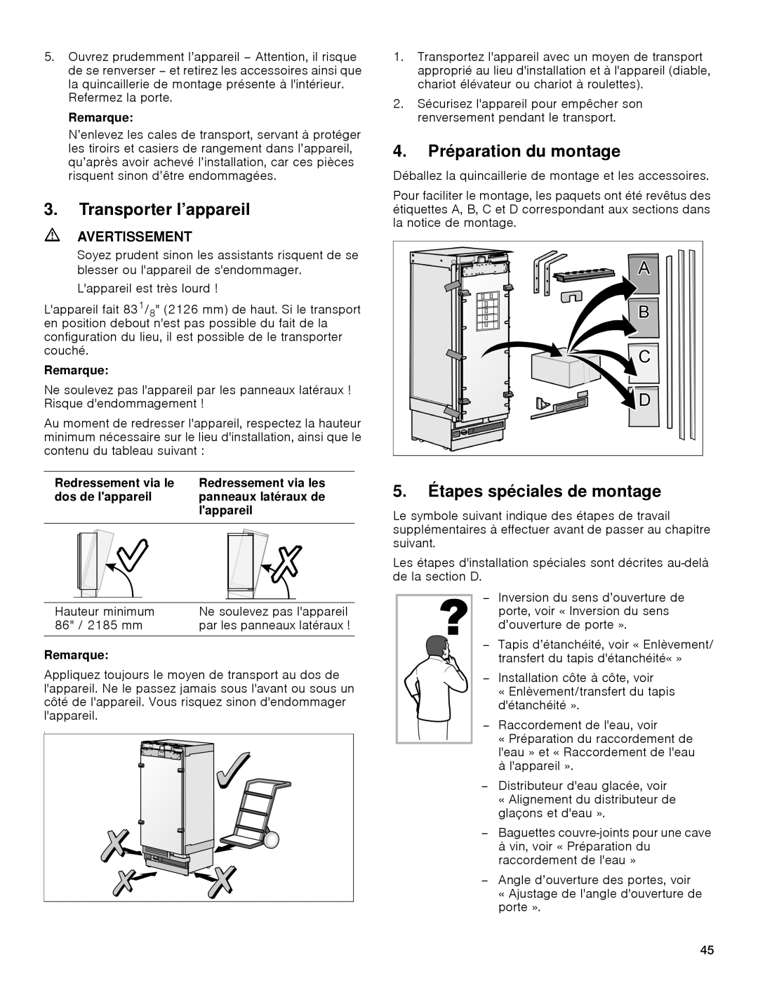 Gaggenau rc 462/413 rf 411/413 rf 461/463 rf 471 rw 414/464 manual Transporter l’appareil, Préparation du montage 