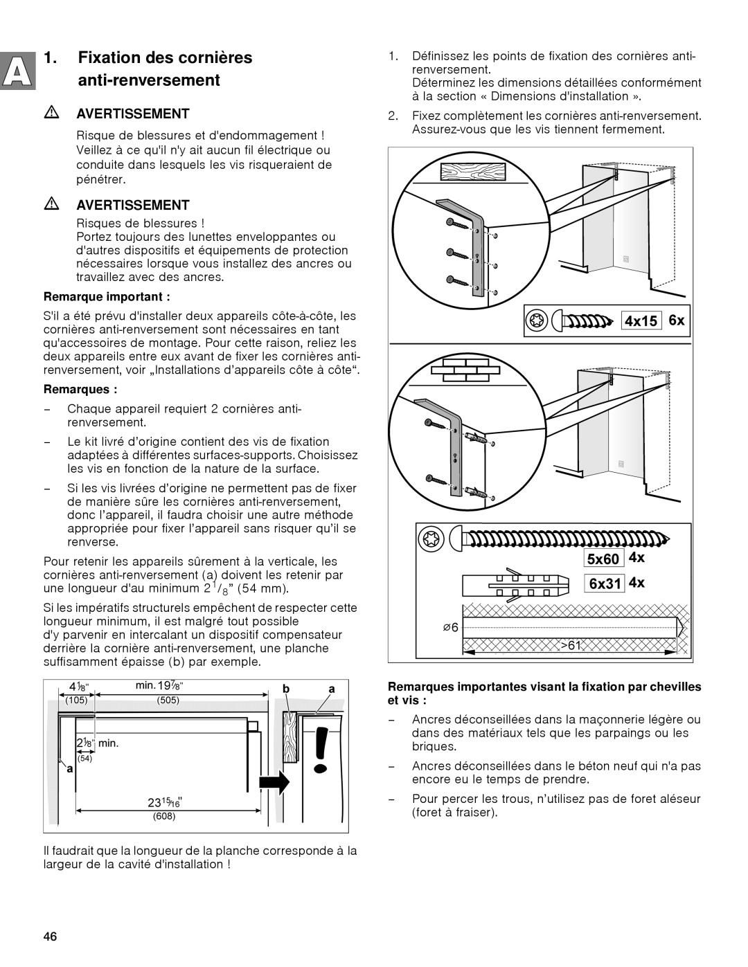 Gaggenau rc 462/413 rf 411/413 rf 461/463 rf 471 rw 414/464 Fixation des cornières anti-renversement, Remarque important 