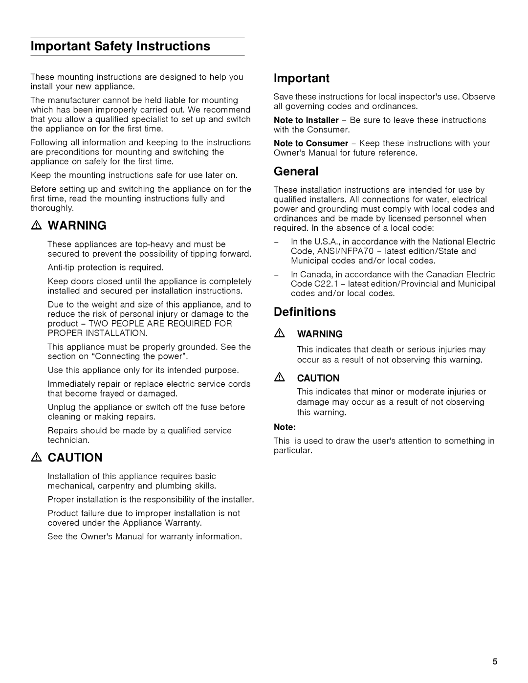 Gaggenau rc 462/413 rf 411/413 rf 461/463 rf 471 rw 414/464 manual Important Safety Instructions, General, Definitions 